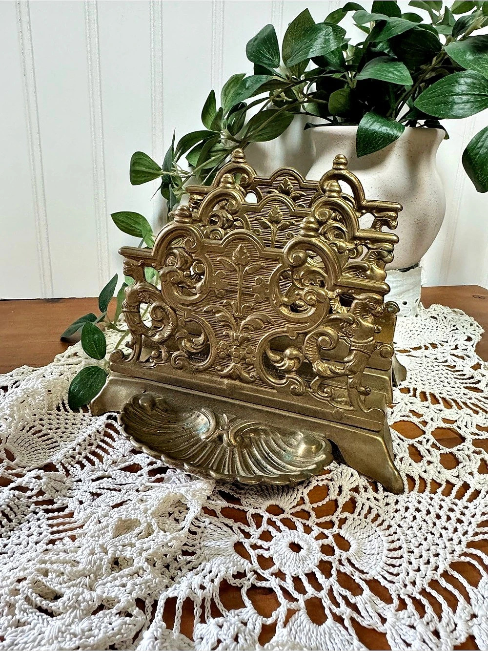Vintage Letter Holder Victorian Ornate Lacquered Brass Double Slot Shell Gold 6"